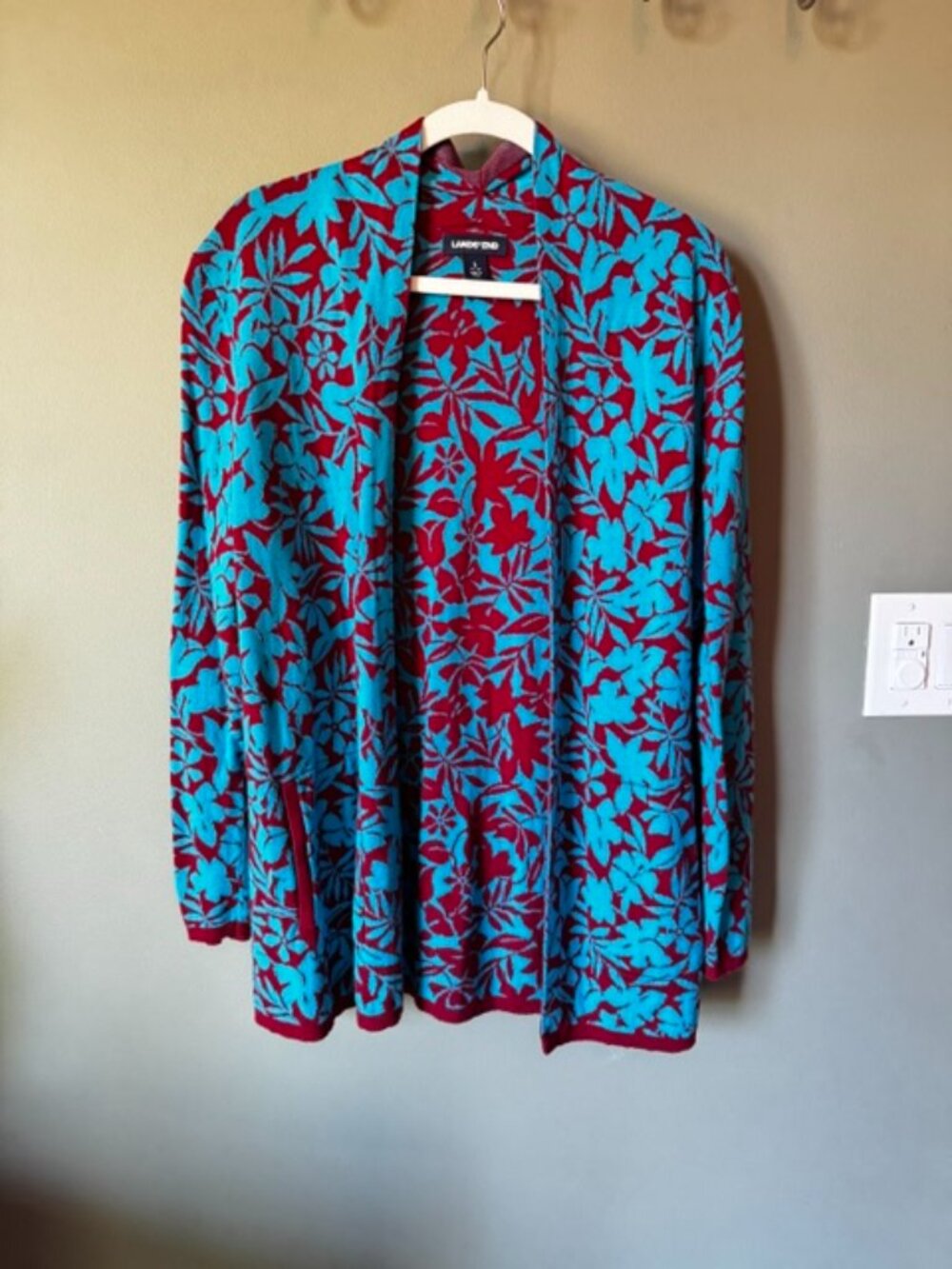 Land's End Women’s L 14-16 Floral Open Front Cardigan Red Turquoise Blue